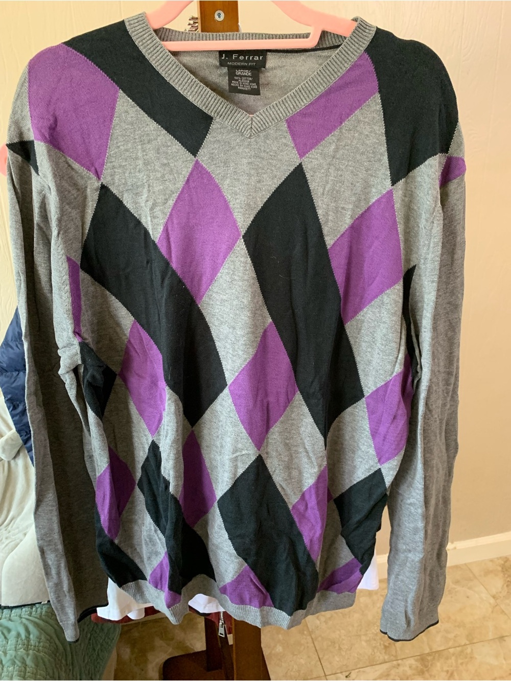 Ferrari Gray, Black & Purple Argyle V-Neck Sweater